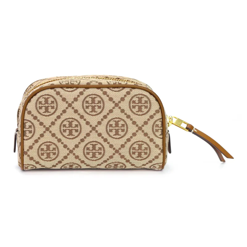 TORY BURCH T Monogram Jacquard Leather Toiletry Bag, Makeup Bag Mini Women's Hazelnuts Brown-2