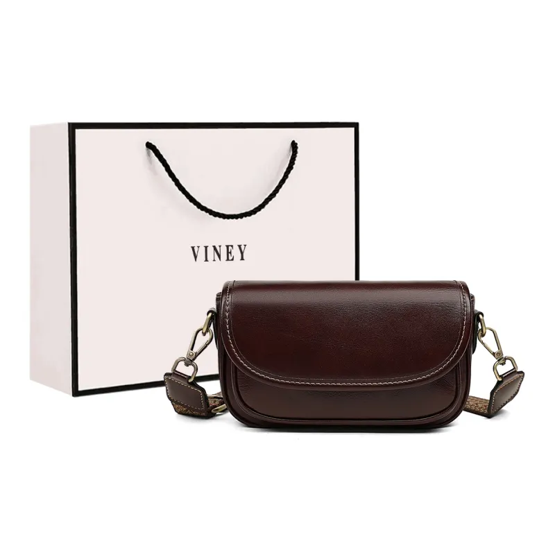 VINEY Cow Leather Bonded Synthetic Leather Small Square Bag Shoulder Bag Small Size Women's Dark Brown-12