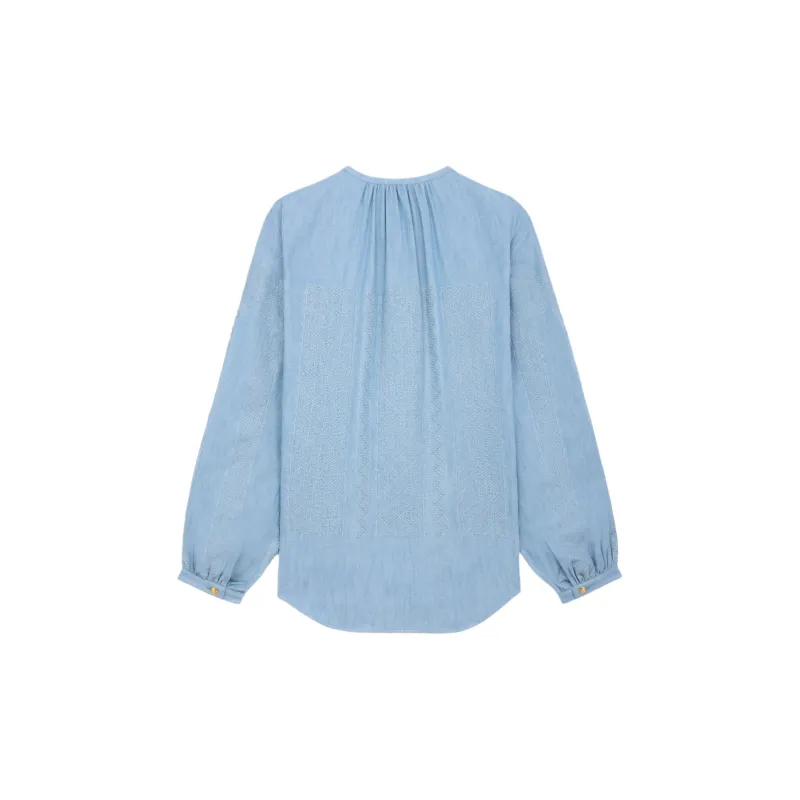 CELINE Embroidered Romy Blouse In Chambray Cotton-1