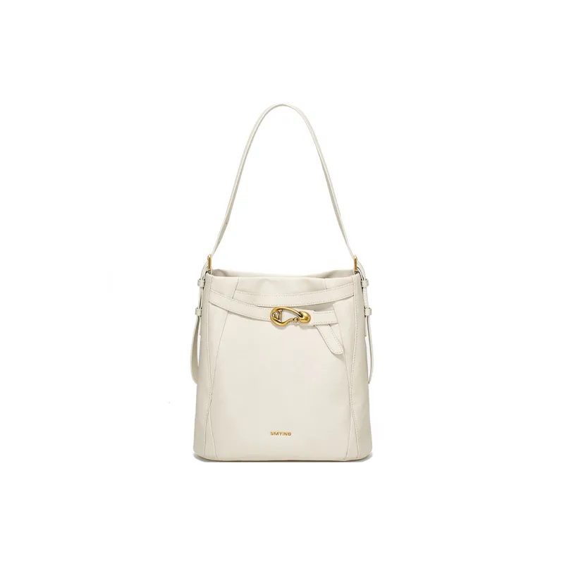 Simedin Cowhide Split Leather Bucket Bag, Shoulder Bag, Crossbody Bag Large Size Women's Coffee/Milk White-10