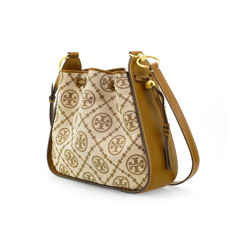 TORY BURCH T Monogram Jacquard With Leather Cloche Bag, Shoulder Bag, Crossbody Bag Medium Size Women's Hazelnuts Brown-1