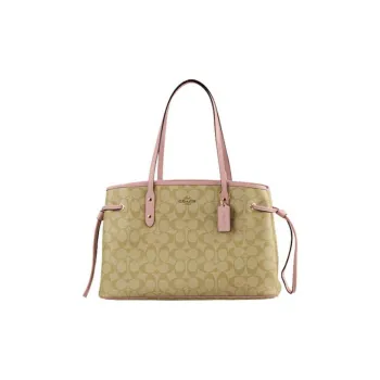 COACH Drawstring Canvas Leather Handbag Shoulder Bag Large Size Women's Light Khaki & Cherry Blossom Pink