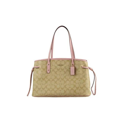 COACH Drawstring Canvas Leather Handbag Shoulder Bag Large Size Women's Light Khaki & Cherry Blossom Pink