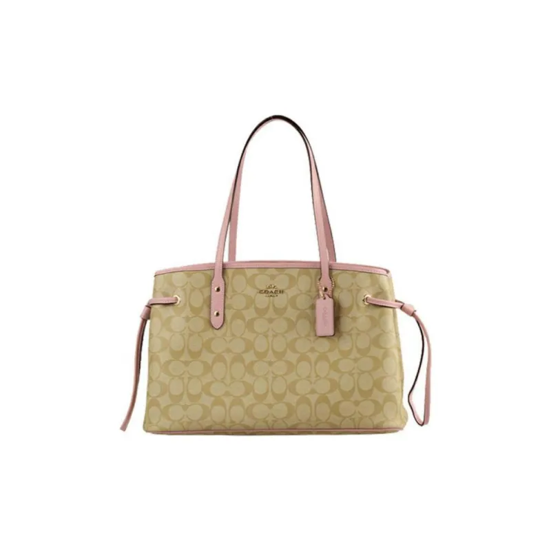 COACH Drawstring Canvas Leather Handbag Shoulder Bag Large Size Women's Light Khaki & Cherry Blossom Pink-0