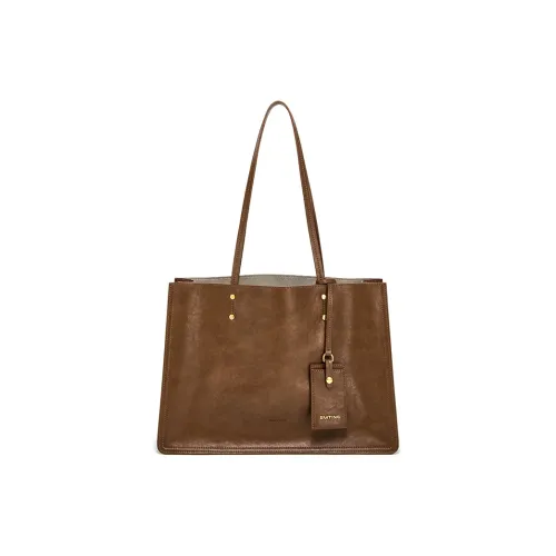 Simedin Cattle Cut Leather/fabric Tote Shoulder Bag Handbag Large Size Women's Coffee