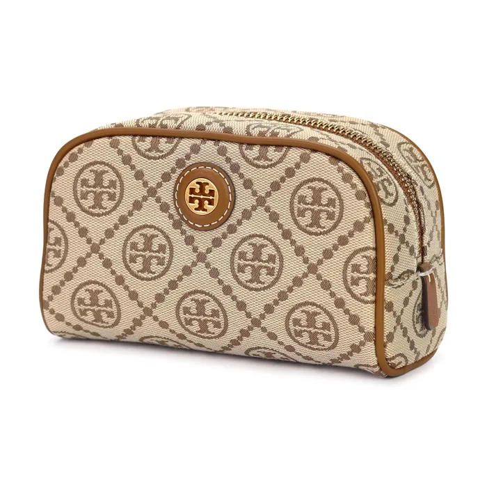 TORY BURCH T Monogram Jacquard Leather Toiletry Bag, Makeup Bag Mini Women's Hazelnuts Brown-1