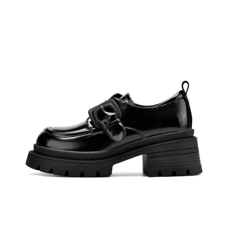 JOSINY British Style Versatile Fleece-Lined Warm Deep Mouth Unlined Shoes Loafers Heel Height 6.7cm Women's Black-1