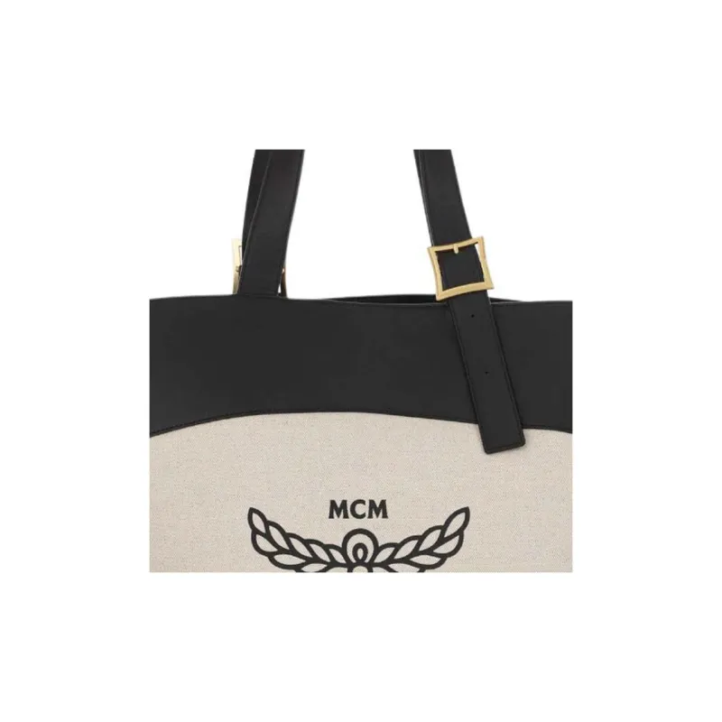 MCM Cotton Canvas With Leather Tote Bag, Shopping Bag, Handbag, Shoulder Bag Regular Women's Beige & Black-3