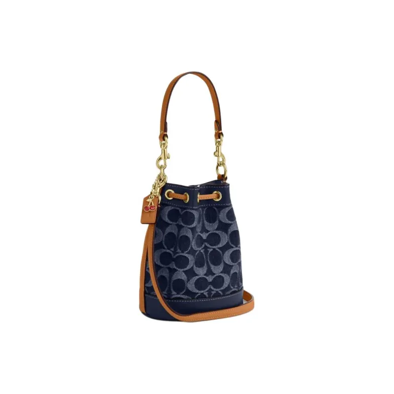 COACH Fabric With Cow Leather Bucket Bag, Shoulder Bag, Crossbody Bag, Handbag Mini Women's Denim Blue-1