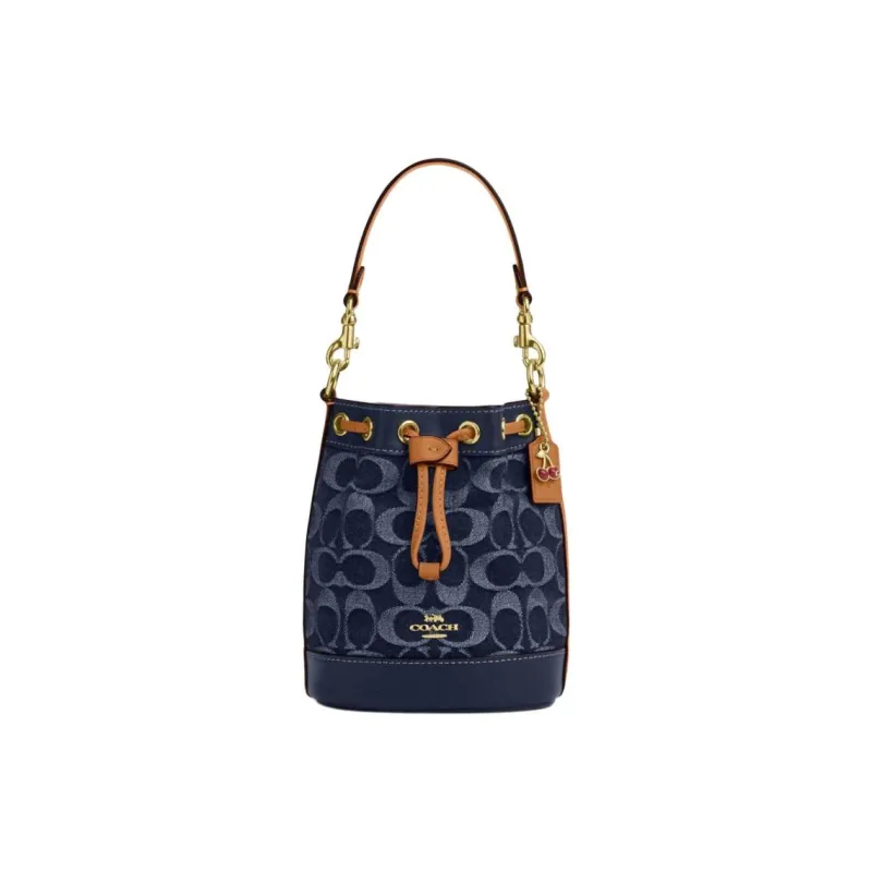 COACH Fabric With Cow Leather Bucket Bag, Shoulder Bag, Crossbody Bag, Handbag Mini Women's Denim Blue-0