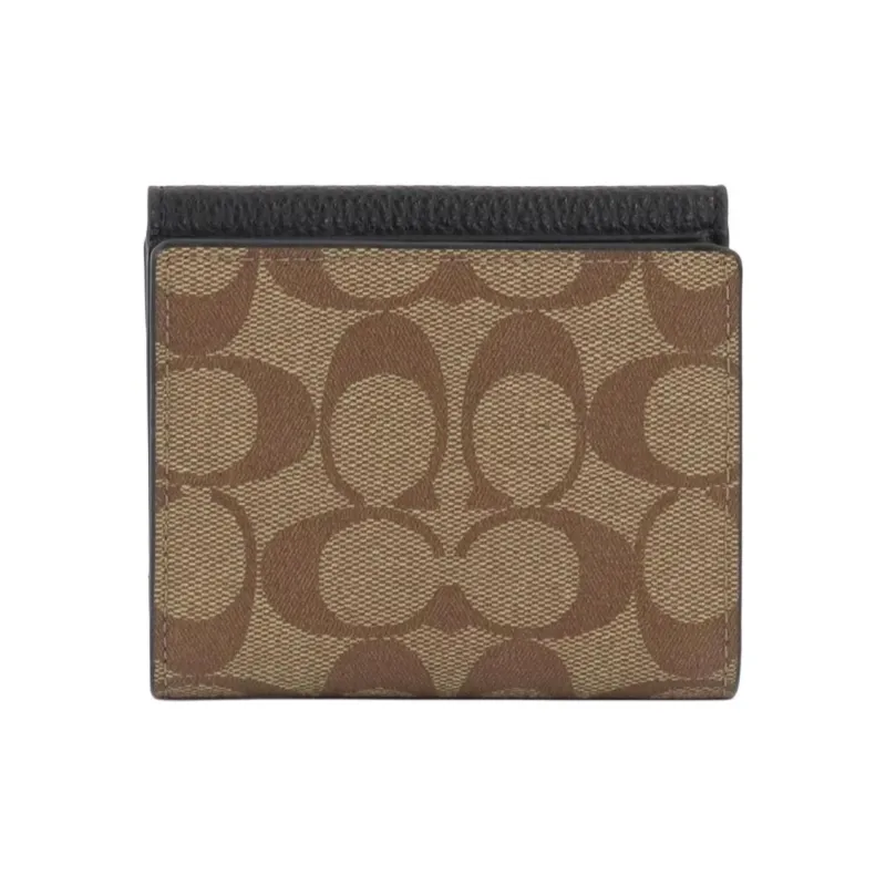 COACH Pepper Coated Canvas With Refined Pebbled Leather Card Holder, Wallet Mini Women's Brown & Black-1