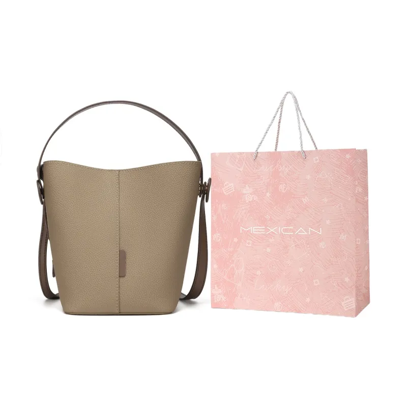 MEXICAN Cow Leather Bucket Bag, Shoulder Bag, Handbag, Crossbody Bag Medium Size Women's Ecru/Khaki-6