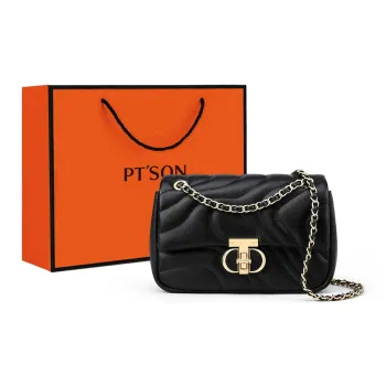 PT'SON Cow Leather Patchwork Synthetic Leather Shoulder Bag Crossbody Bag Small Square Bag Women's Black