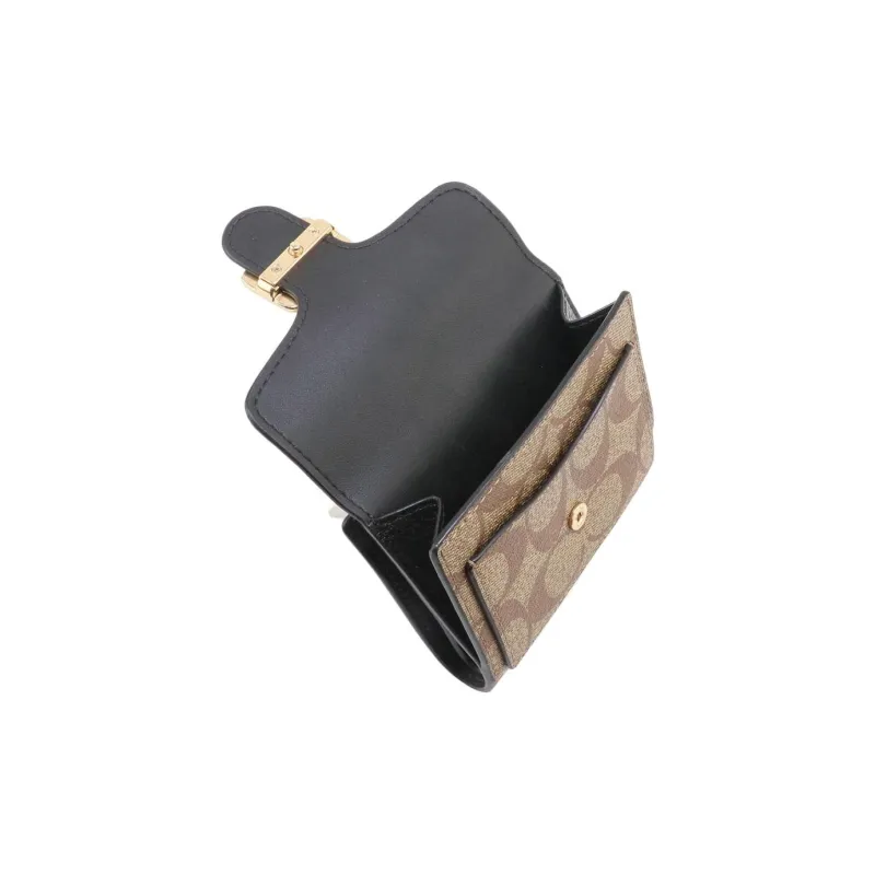 COACH Pepper Coated Canvas With Refined Pebbled Leather Card Holder, Wallet Mini Women's Brown & Black-3