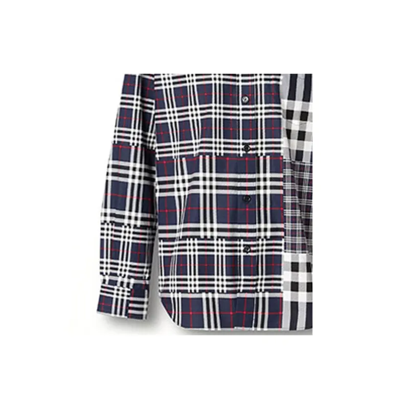 Burberry Check Spliced Square Collar Single-Breasted Shirt Dark Gray-4