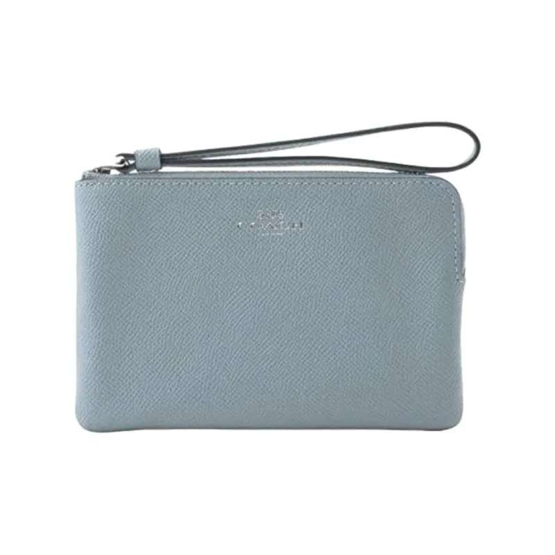 COACH Corner Zip Cross-Stitch Leather Coin Purse Wrist Bag Clutch Small Size Women's Ice Blue-1