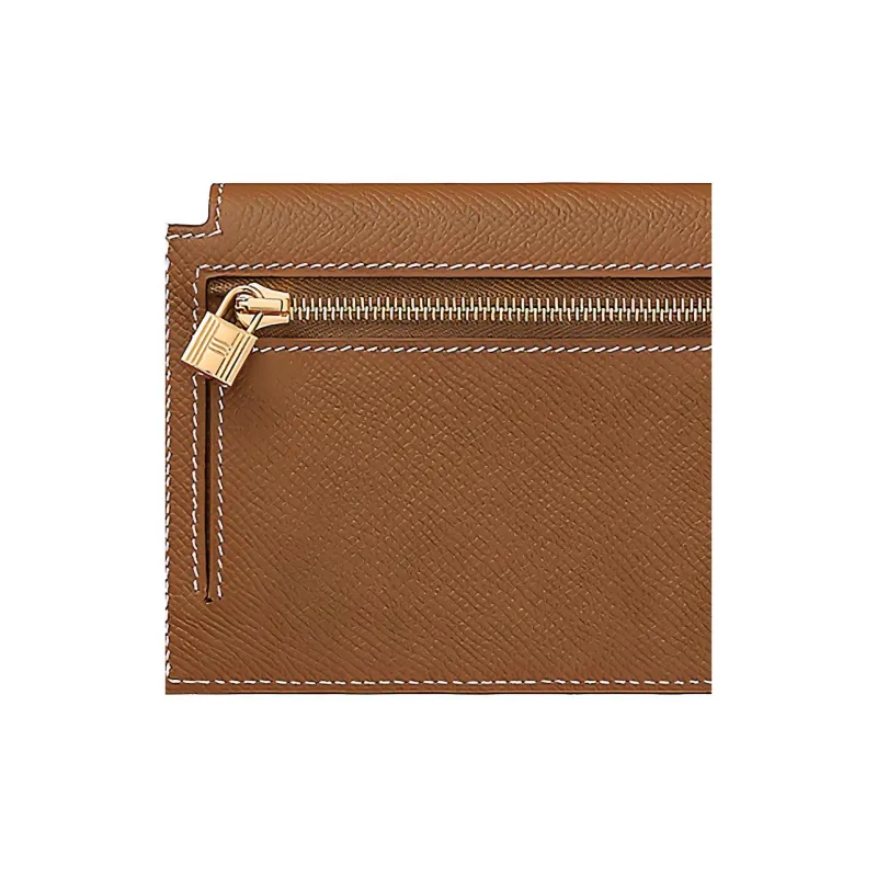 HERMES Kelly Pocket Cow Leather Coin Purse Unisex 37 Gold Brown-5