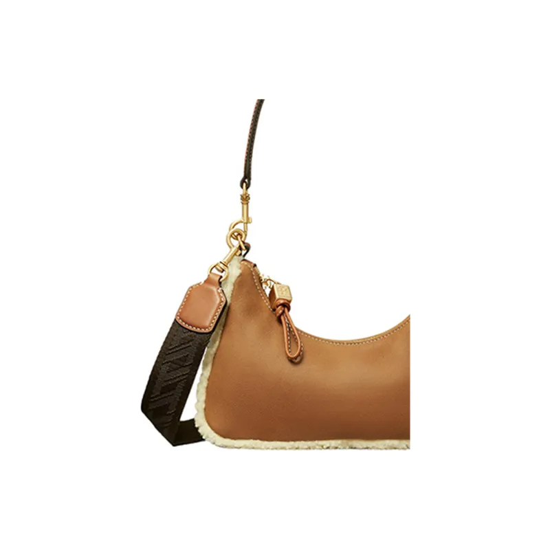 TORY BURCH 151 MERCER Suede With Sheepskin Trim Crescent Bag Portable Crossbody Bag Shoulder Bag Women's Brown-4