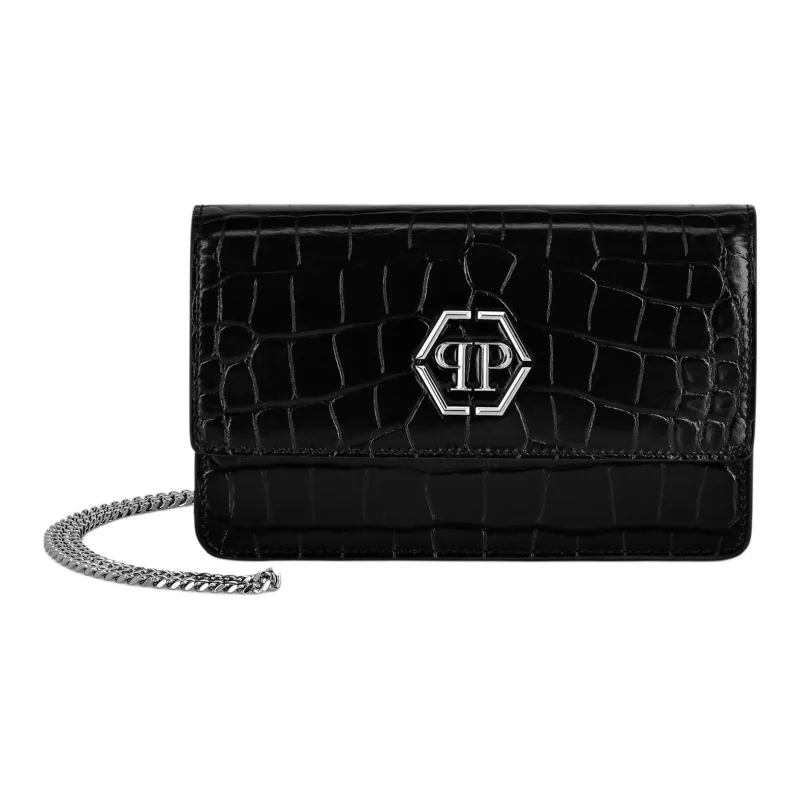 PHILIPP PLEIN Crocodile Pattern Leather Handheld Crossbody Bag Shoulder Bag Medium Size Women's Black-0