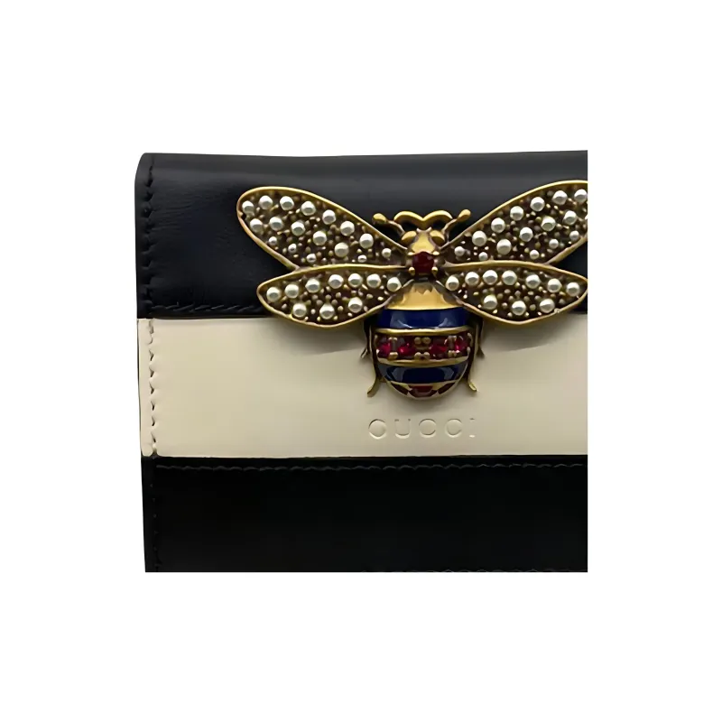 GUCCI Queen Margaret Leather Wallets Card Holders Women's Black & White-3