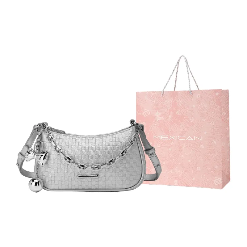 MEXICAN Polyurethane Leather Shoulder Bag, Crossbody Bag, Handbag, Shoulder Bag Trumpets Women's Light Blue/Silver-3