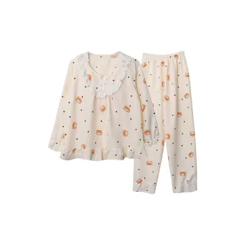 Pretty Lady Pajama Set Women's Apricot Base With Polka Dot