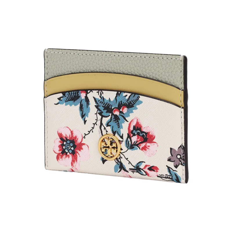 TORY BURCH Robinson Textured Leather Card Holder Women's Green Yellow White-1