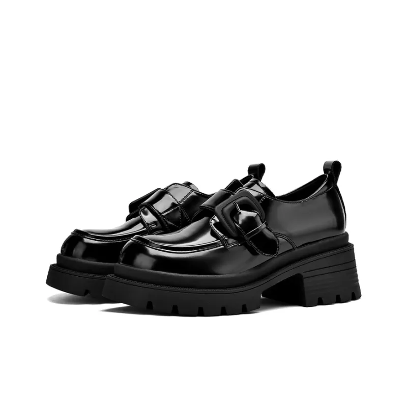 JOSINY British Style Versatile Fleece-Lined Warm Deep Mouth Unlined Shoes Loafers Heel Height 6.7cm Women's Black-2