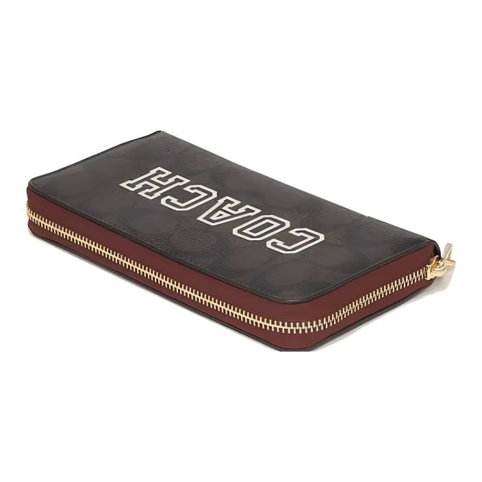 COACH Zip Around Coated Canvas With Smooth Leather Clutches Card Holder Wallet Women's Dark Brown-3