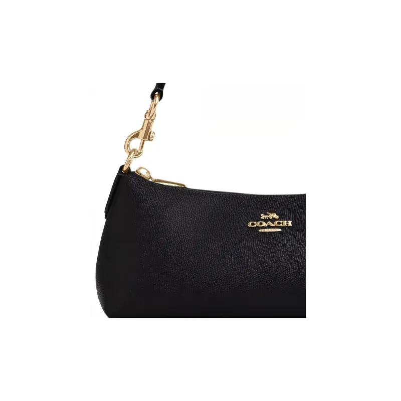 COACH Charlotte Cross Stitch Leather Shoulder Bag Portable Crossbody Bag Shoulder Bag Medium Size Women's Black-4
