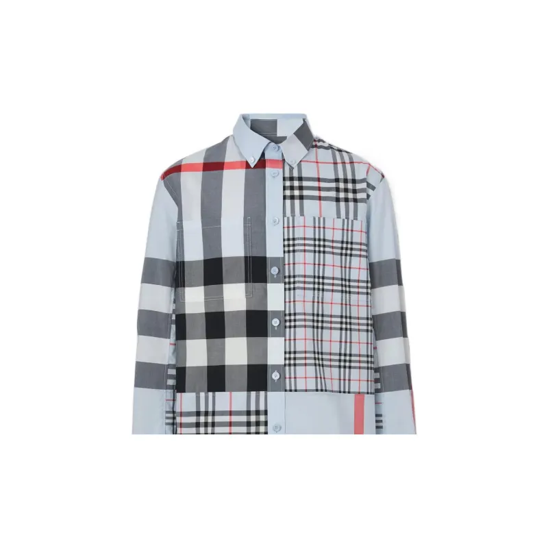 Burberry SS22 Mens Panelled Check Collar Long-Sleeve Shirt Blue-4