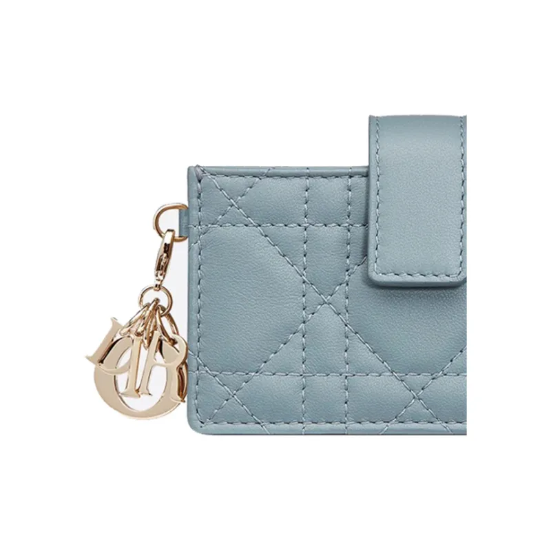 DIOR Lady Dior Wicker Pattern Sheepskin Card Holder Women's Light Blue-4