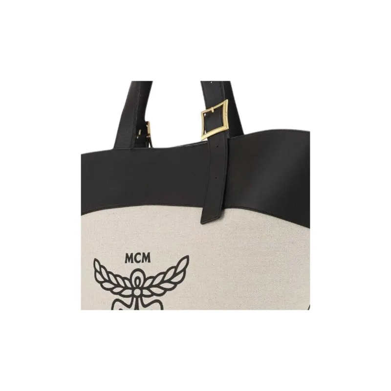 MCM Cotton Canvas With Leather Tote Bag, Shopping Bag, Handbag, Shoulder Bag Regular Women's Beige & Black-4
