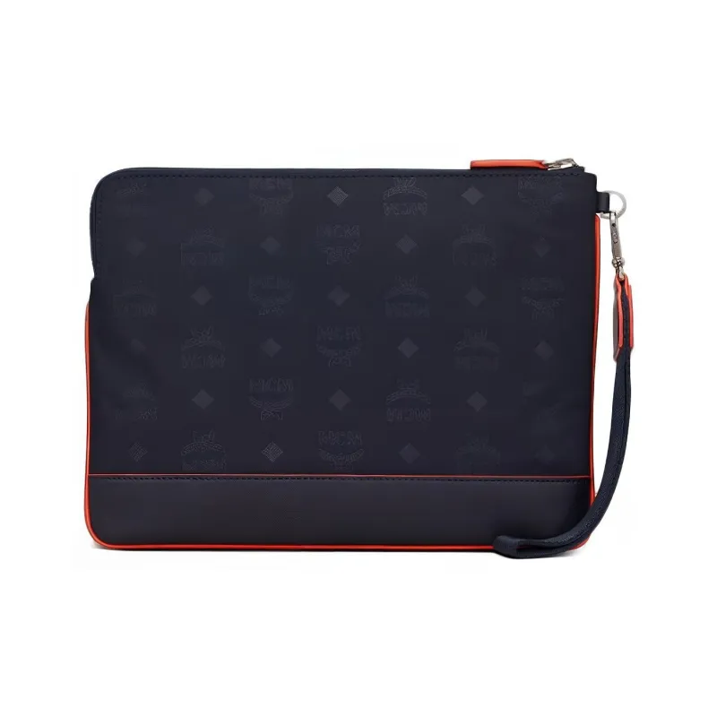 MCM Klassik Visetos Fabric With Cow Leather Clutch Men's Navy Blue-1
