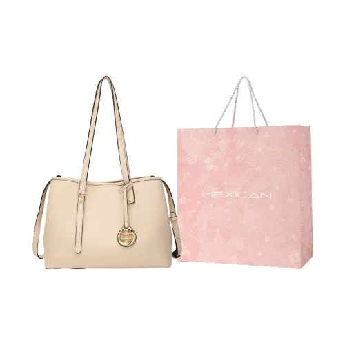 MEXICAN Polyurethane Shoulder Bag Mom Bag Tote Bag Large Size Women's Beige Apricot/Black