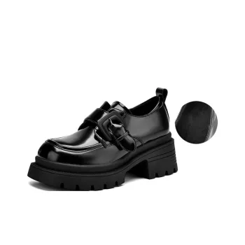 JOSINY British Style Versatile Fleece Lined Warm Deep Mouth Unlined Shoes Loafers Heel Height 6.7cm Women's Black
