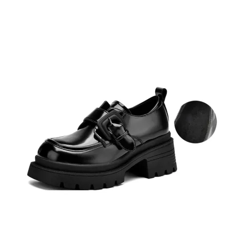 JOSINY British Style Versatile Fleece Lined Warm Deep Mouth Unlined Shoes Loafers Heel Height 6.7cm Women's Black