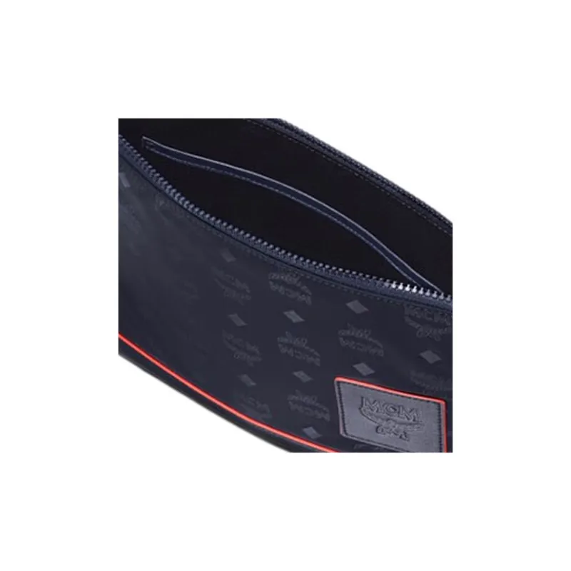 MCM Klassik Visetos Fabric With Cow Leather Clutch Men's Navy Blue-3