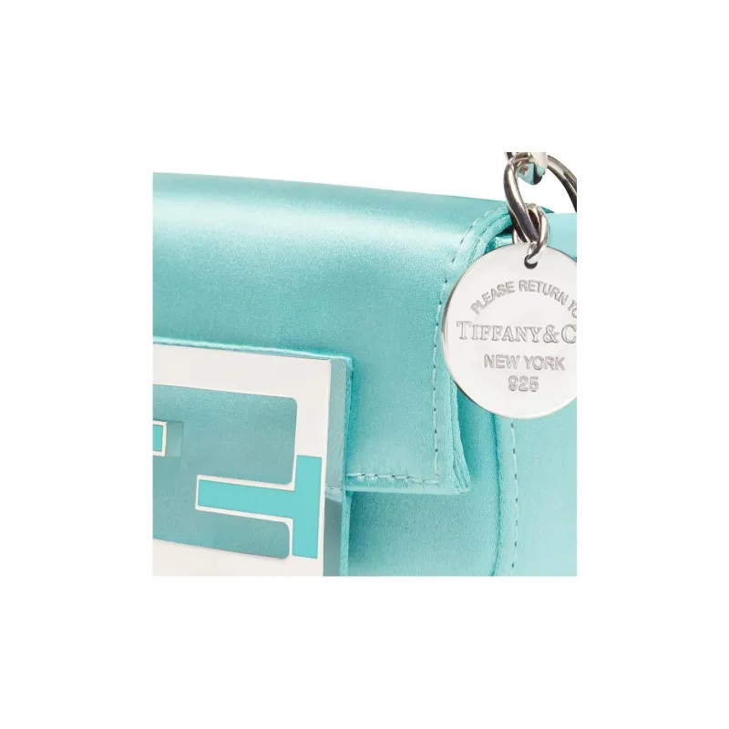 FENDI Tiffany & Co Collaboration Baguette Mulberry Silk Baguette Bag Coin Purse One Shoulder Handbag Mini Women's Blue-4