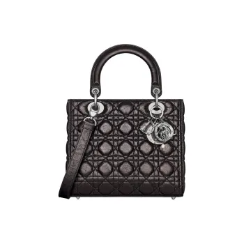 DIOR Lady Dior Calfskin One Shoulder Handbags Medium Size Women's Black