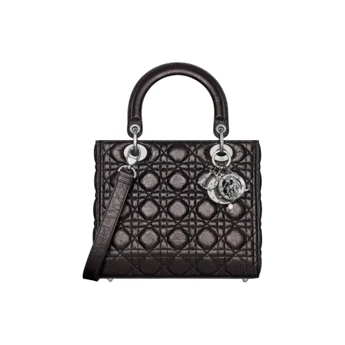 DIOR Lady Dior Calfskin One Shoulder Handbags Medium Size Women's Black