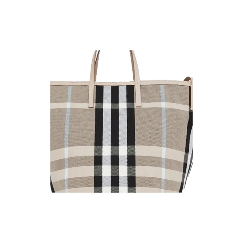 Burberry Plaid Canvas Beach Bag Tote Bag Shopping Bag Handbag Unisex Light Brown-3