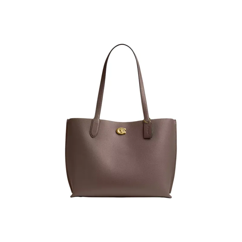 COACH Willow Polished Pebble Leather Tote Bag, Shopping Bag, Shoulder Bag Large Size Women's Brass & Black Stone-0