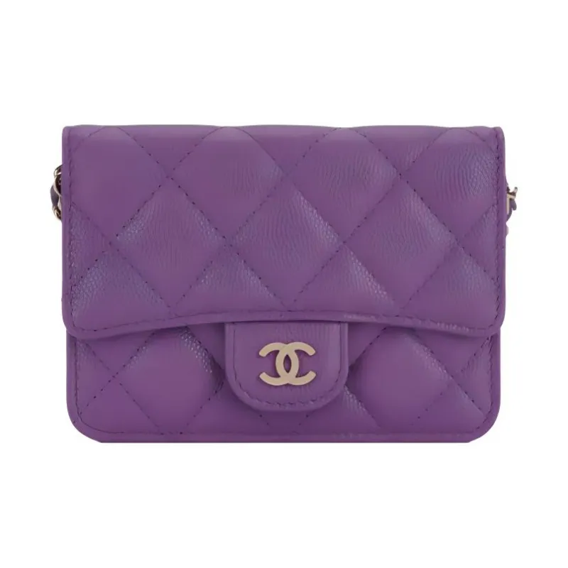CHANEL Grain Cow Leather Card Holder Shoulder Bag, Crossbody Bag Women's Purple-0