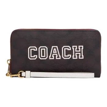 COACH Zip Around Coated Canvas With Smooth Leather Clutches Card Holder Wallet Women's Dark Brown