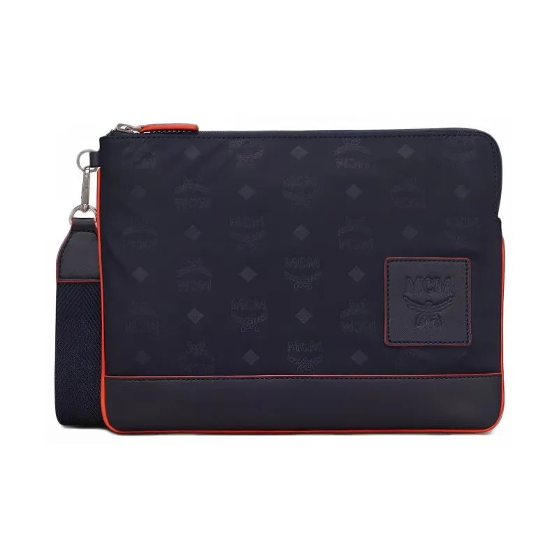 MCM Klassik Visetos Fabric With Cow Leather Clutch Men's Navy Blue-0