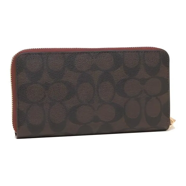 COACH Zip Around Coated Canvas With Smooth Leather Clutches Card Holder Wallet Women's Dark Brown-2