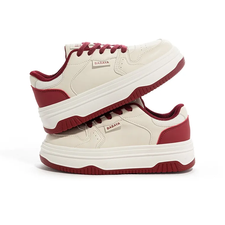 Babaya Anti Slip And Wear Resistant Lightweight Low Top Skateboard Shoes Women's Beige Burgundy-3