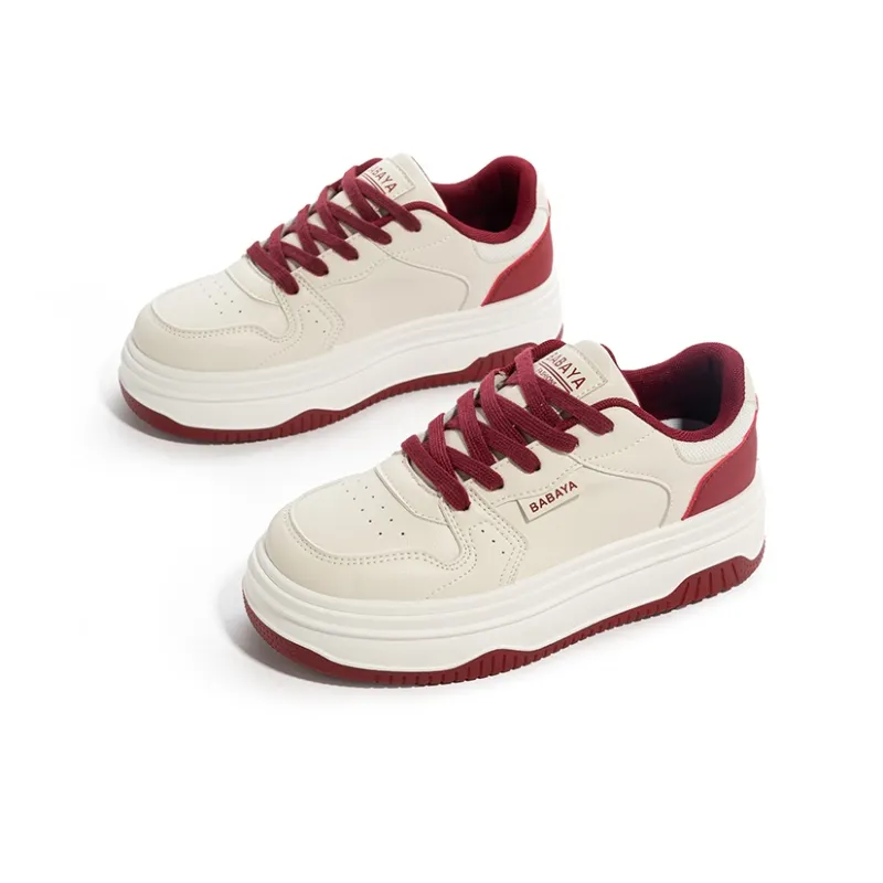 Babaya Anti Slip And Wear Resistant Lightweight Low Top Skateboard Shoes Women's Beige Burgundy-2