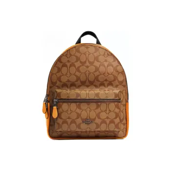 COACH Charlie Canvas With Leather Backpack Medium Size Women's Brown And Yellow